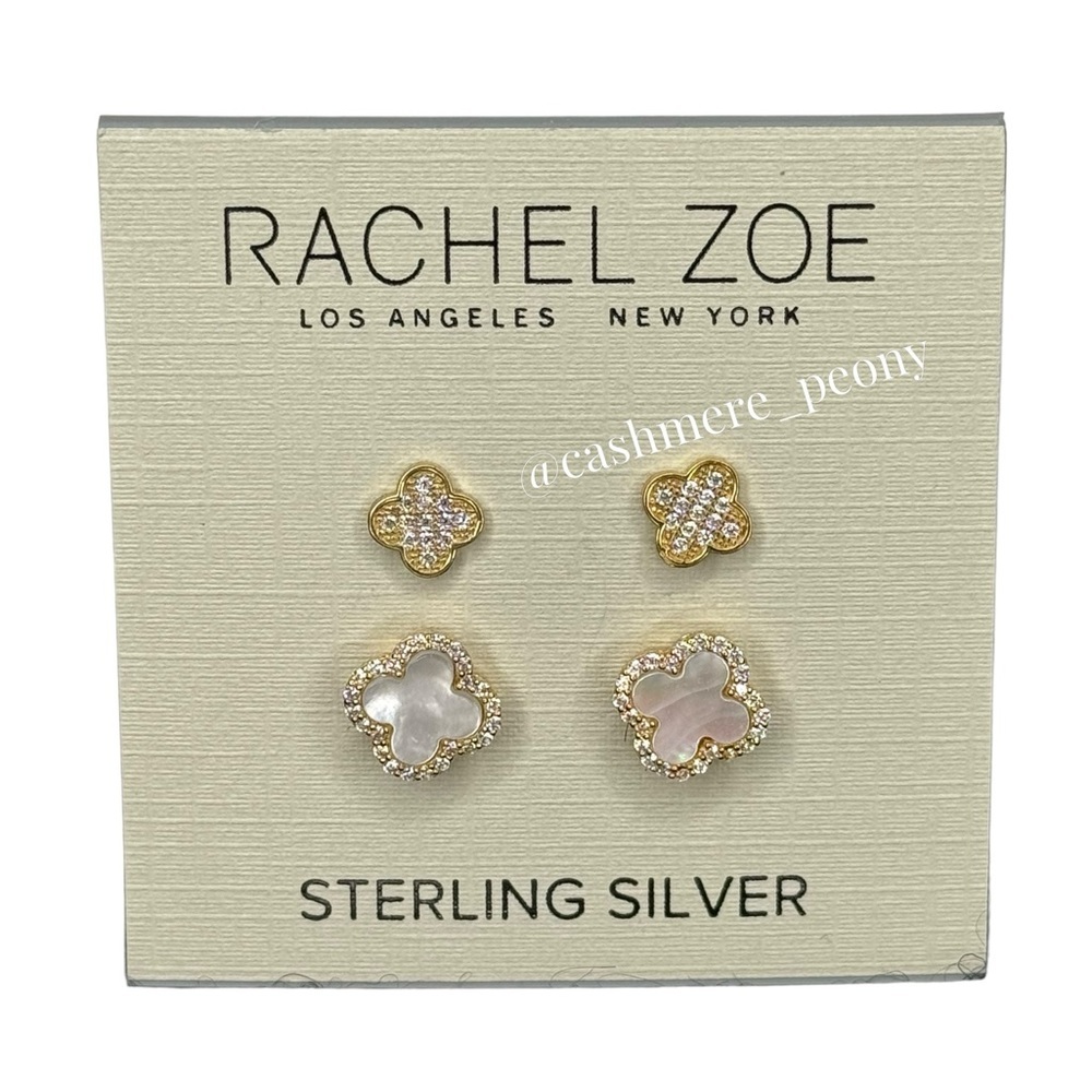 Rachel Zoe Gold/Sterling Silver Mother of Pearl & Pave Clover 2 Pair Earrings